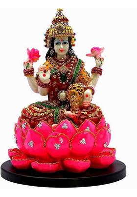 Statue World Decorative Lakshmi Idol On Pink Lotus Hindu Goddess Statue Decorative Showpiece - 30 Cm(Resin Multicolor)