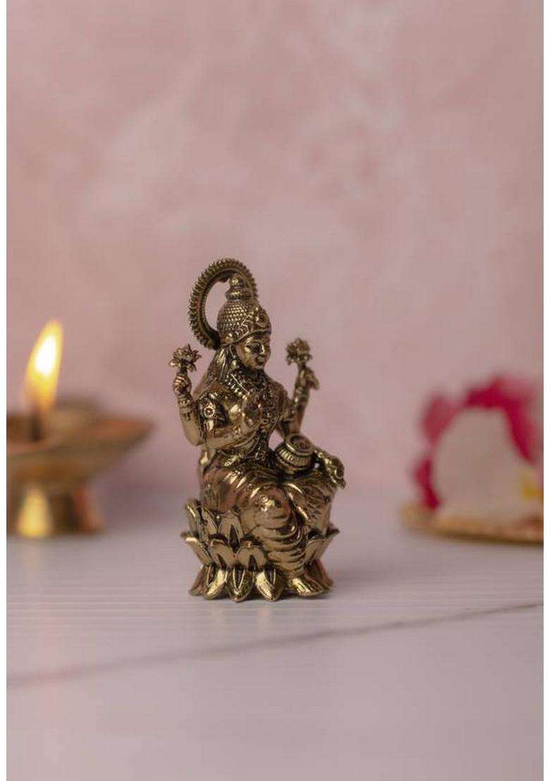 Dnmetal Shri Lakshmi Idol Statue Decorative Showpiece - 6.5 Cm(Brass Gold) - Indya