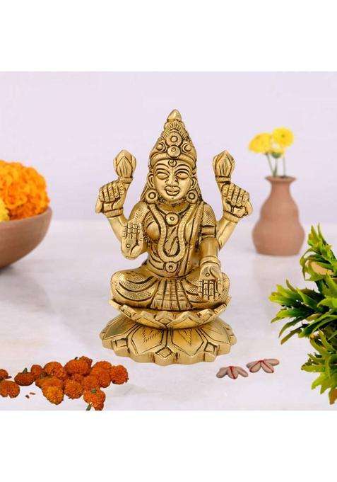 Gv Decor Traditional Handcrafted Brass Lakshmi Statue Murti Goddess Maha Laxmi Decorative Showpiece - 10.2 Cm(Brass Gold)