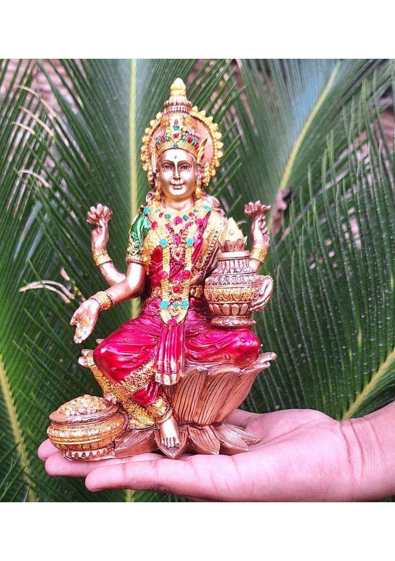 A & S Ventures Lord Lakshmi Murti Sitting On Lotus In Resin Height 7 Inch Decorative Showpiece - 17 Cm(Polyresin Multicolor) - Indya