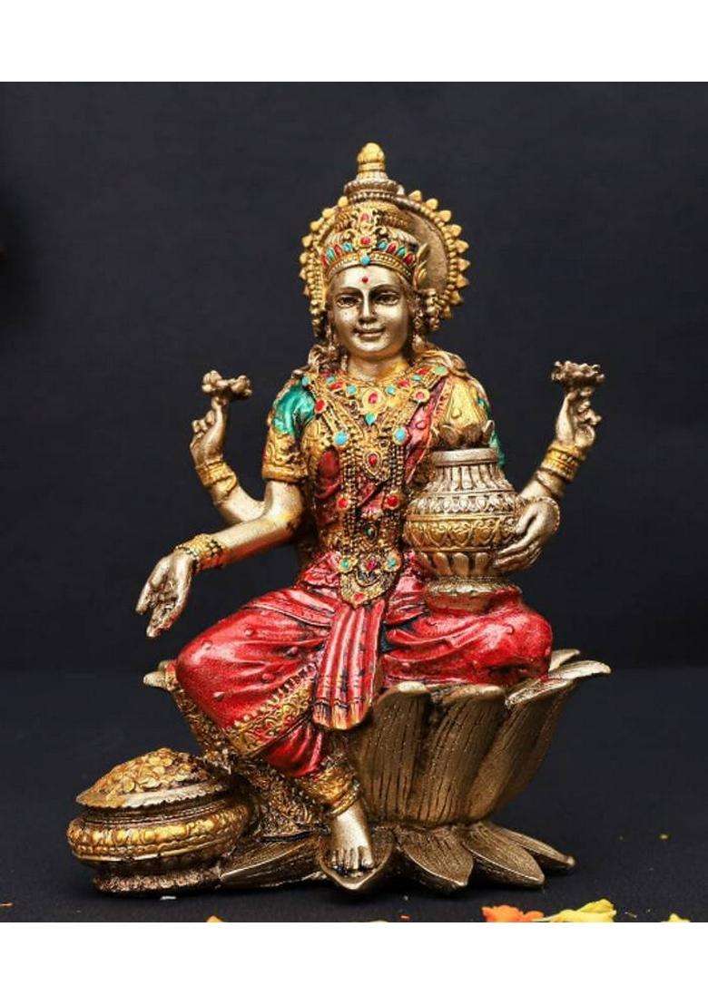 A & S Ventures Lord Lakshmi Murti Sitting On Lotus In Resin Height 7 Inch Decorative Showpiece - 17 Cm(Polyresin Multicolor) - Indya
