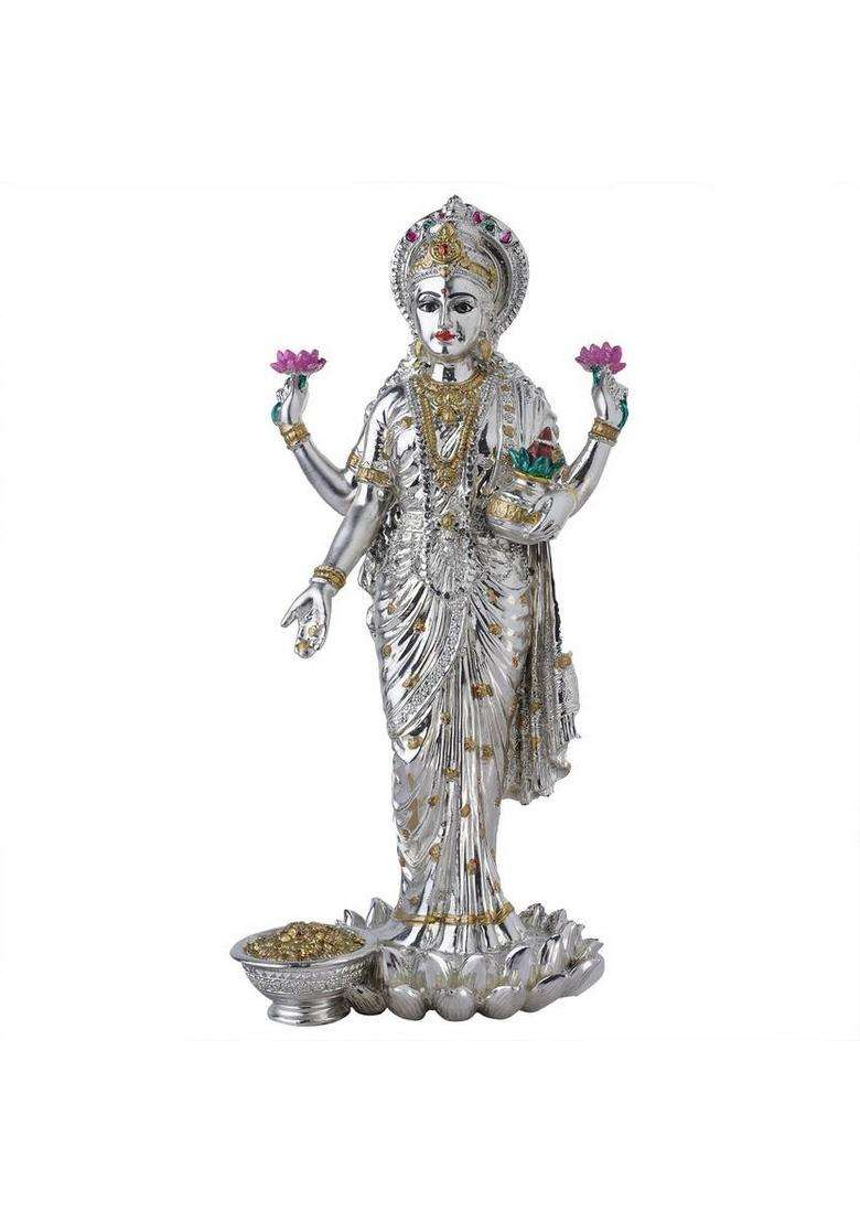 Devanix Decorative Silver Platted Dhan Lakshmi Showpiece Ideal For Home & Office Decor Decorative Showpiece - 25 Cm(Silver Resin Silver) - Indya