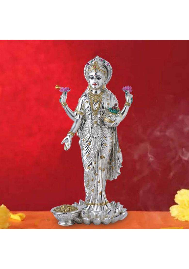 Devanix Decorative Silver Platted Dhan Lakshmi Showpiece Ideal For Home & Office Decor Decorative Showpiece - 25 Cm(Silver Resin Silver) - Indya
