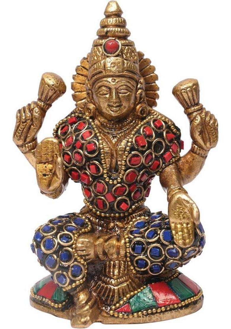 Poshify Brass Laxmi Mata Murti Mahalakshmi Idol Goddess Lakshmi Idol Decorative Showpiece - 13 Cm(Brass Gold) - Indya