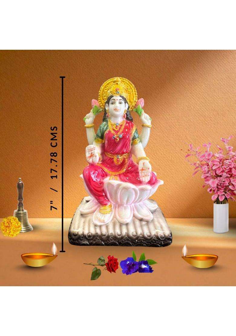 Serinity 7-Inch Goddess Lakshmi Idol On Lotus Statue For Home Temple & Festive Use Decorative Showpiece - 17.8 Cm(Marble Pink Gold) - Indya