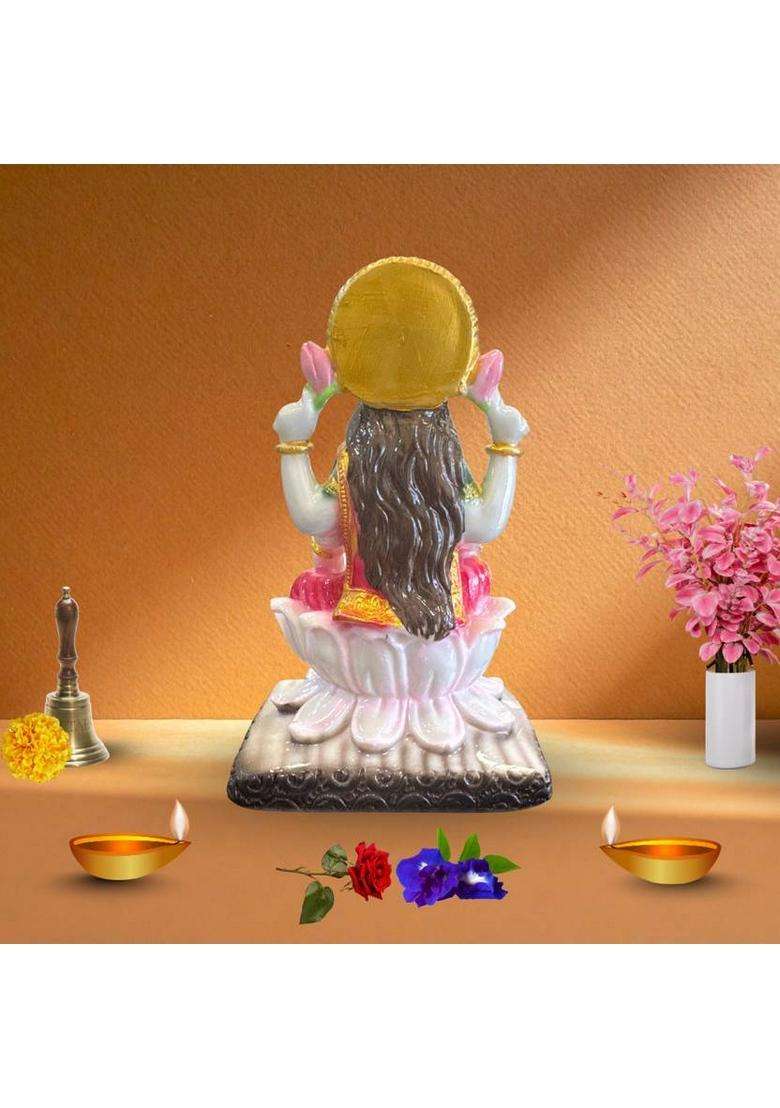 Serinity 7-Inch Goddess Lakshmi Idol On Lotus Statue For Home Temple & Festive Use Decorative Showpiece - 17.8 Cm(Marble Pink Gold) - Indya