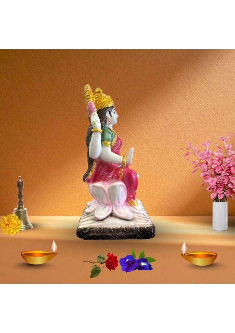 Serinity 7-Inch Goddess Lakshmi Idol On Lotus Statue For Home Temple & Festive Use Decorative Showpiece - 17.8 Cm(Marble Pink Gold) - Indya