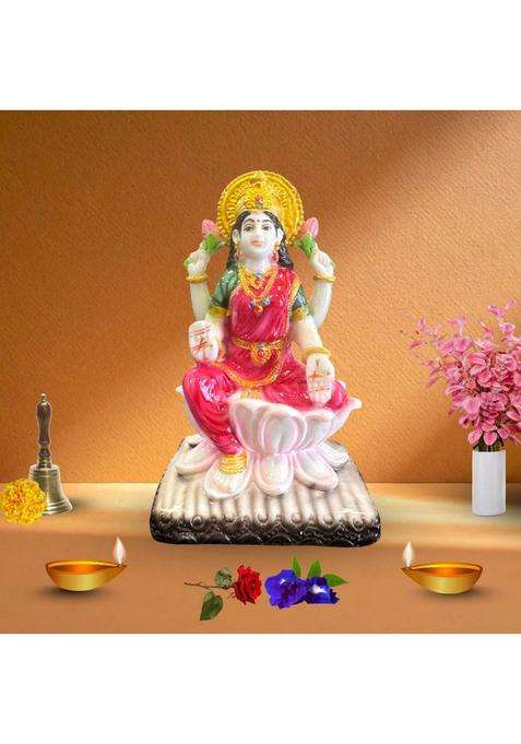 Serinity 7-Inch Goddess Lakshmi Idol On Lotus Statue For Home Temple & Festive Use Decorative Showpiece - 17.8 Cm(Marble Pink Gold)