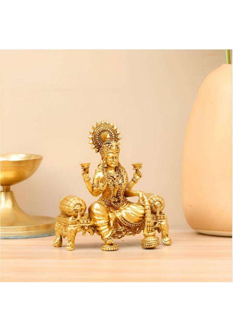 Pe Devi Lakshmi Idol Murti Decorative Showpiece - 11 Cm(Brass Gold) - Indya
