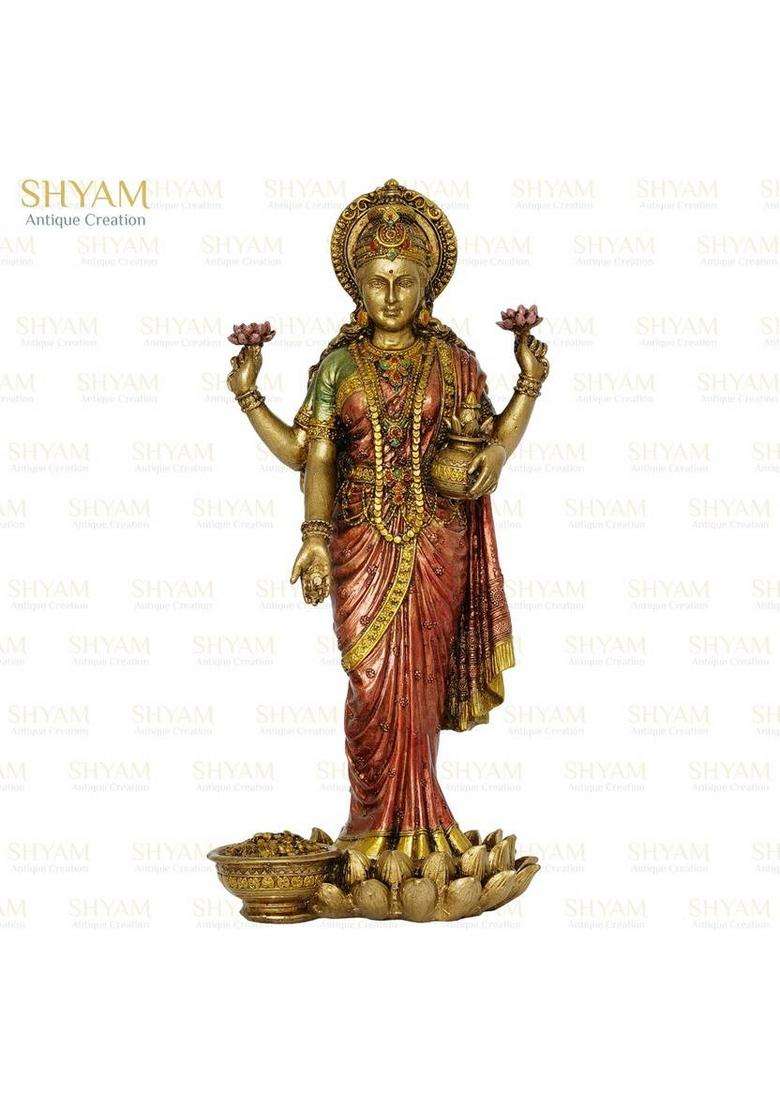 Shyam Antique Creation Standing Goddess Lakshmi Idol Maa Laxmi Blessing Murti Statue For Home Diwali Decorative Showpiece - 25.4 Cm(Bronze Polyresin Multicolor) - Indya