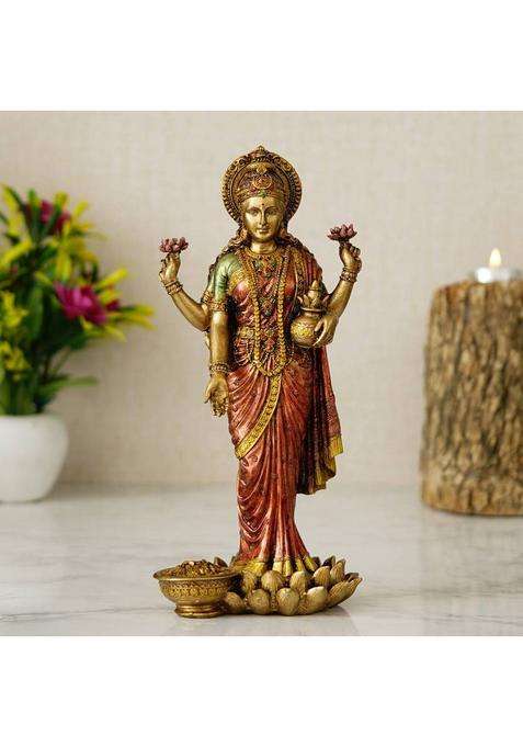 Shyam Antique Creation Standing Goddess Lakshmi Idol Maa Laxmi Blessing Murti Statue For Home Diwali Decorative Showpiece - 25.4 Cm(Bronze Polyresin Multicolor)