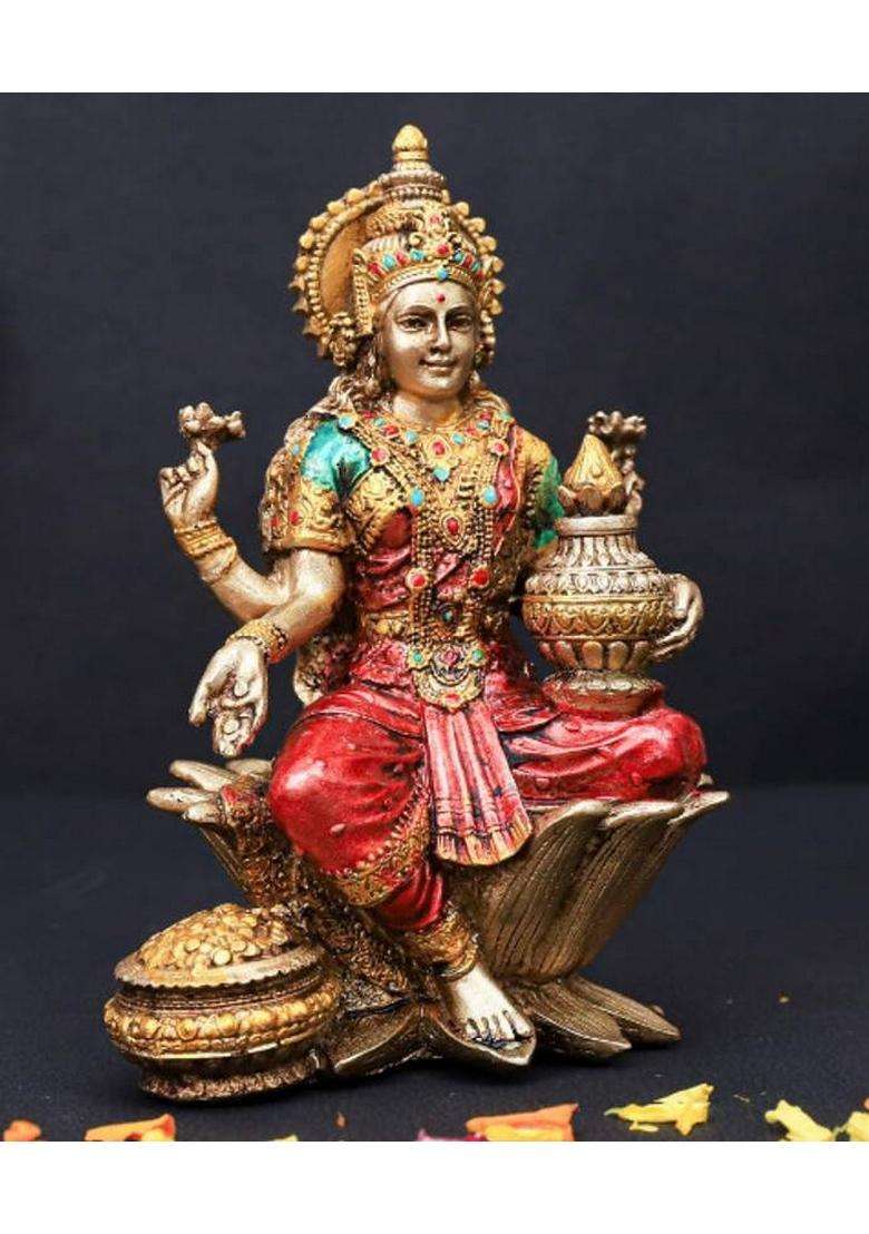 A & S Ventures Maa Lakshmi Sitting On Lotus Polyresin Action Idol Multicoloured Decorative Showpiece - 17 Cm(Polyresin Multicolor) - Indya