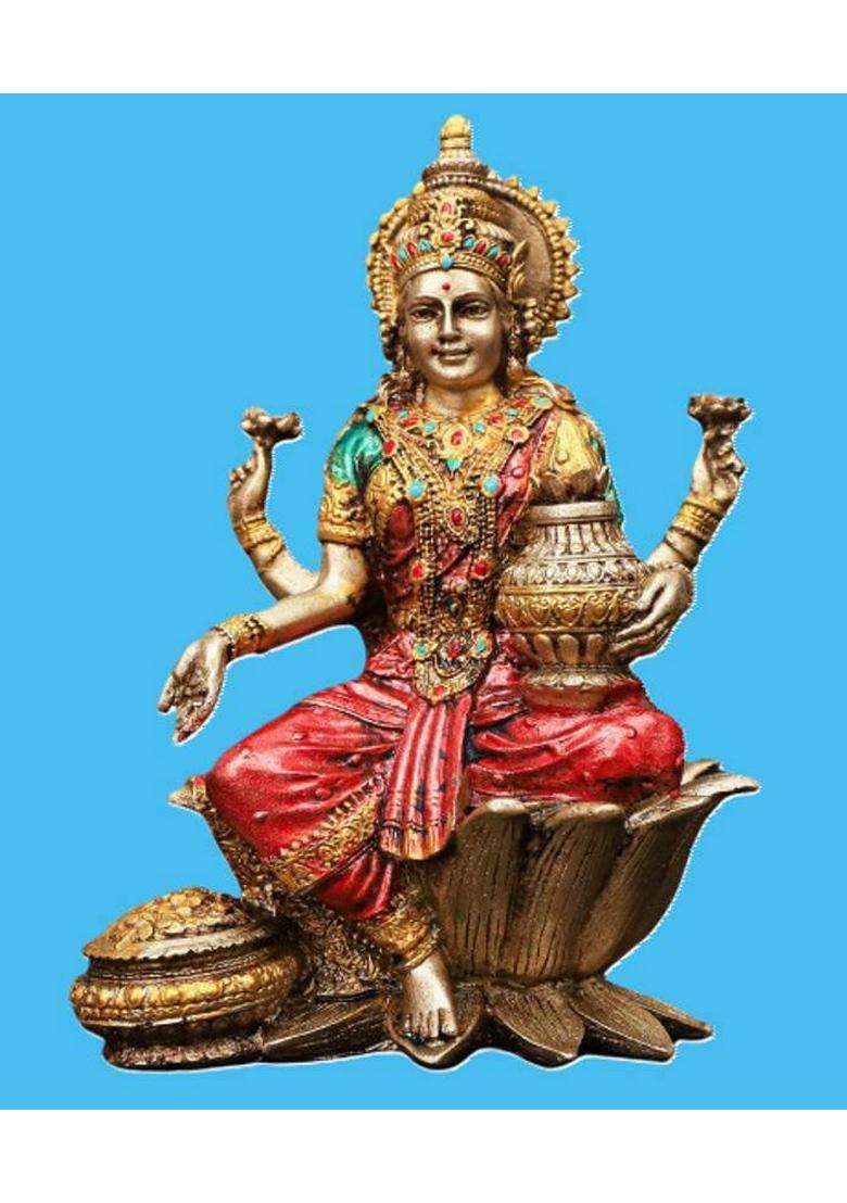 A & S Ventures Maa Lakshmi Sitting On Lotus Polyresin Action Idol Multicoloured Decorative Showpiece - 17 Cm(Polyresin Multicolor) - Indya