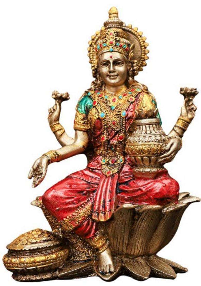 A & S Ventures Maa Lakshmi Sitting On Lotus Polyresin Action Idol Multicoloured Decorative Showpiece - 17 Cm(Polyresin Multicolor) - Indya