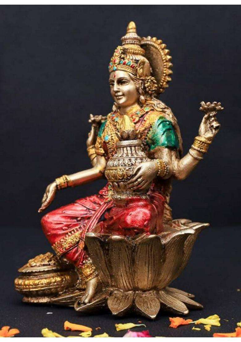 A & S Ventures Maa Lakshmi Sitting On Lotus Polyresin Action Idol Multicoloured Decorative Showpiece - 17 Cm(Polyresin Multicolor) - Indya
