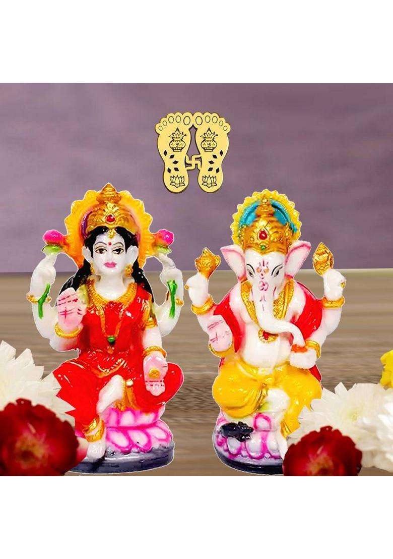 Kitlyn Maa Lakshmi With God Ganesh Resin Statue - Mata Laxmi Ji Charan Decorative Showpiece - 12 Cm(Resin Multicolor) - Indya