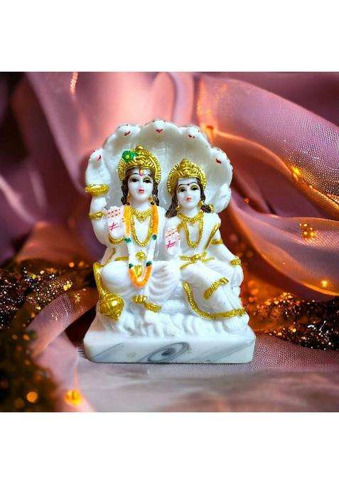 Desi Virasat Lord Laxmi Vishnu Marble Idol Vishnu Statue Temple Decor Religious Murti Pooja Decorative Showpiece - 16.51 Cm(Marble Gold)