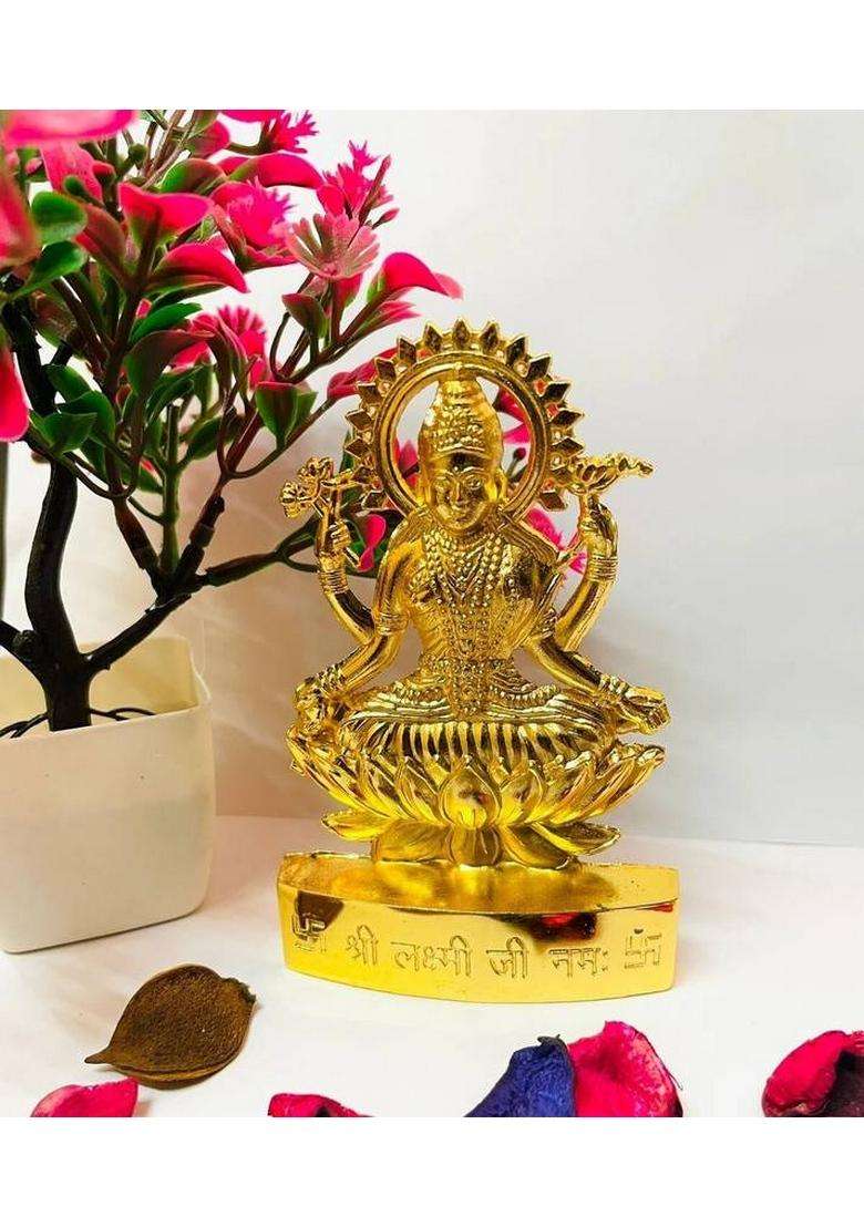 Sbbco Laxmi Devi Idol Statue Figurine Sculpture Maa Lakshmi Sitting On Lotus Flower Decorative Showpiece - 12 Cm(Metal Yellow) - Indya