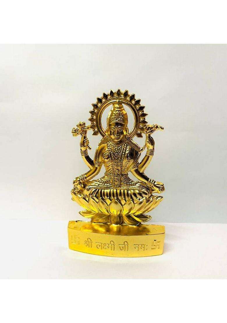 Sbbco Laxmi Devi Idol Statue Figurine Sculpture Maa Lakshmi Sitting On Lotus Flower Decorative Showpiece - 12 Cm(Metal Yellow) - Indya