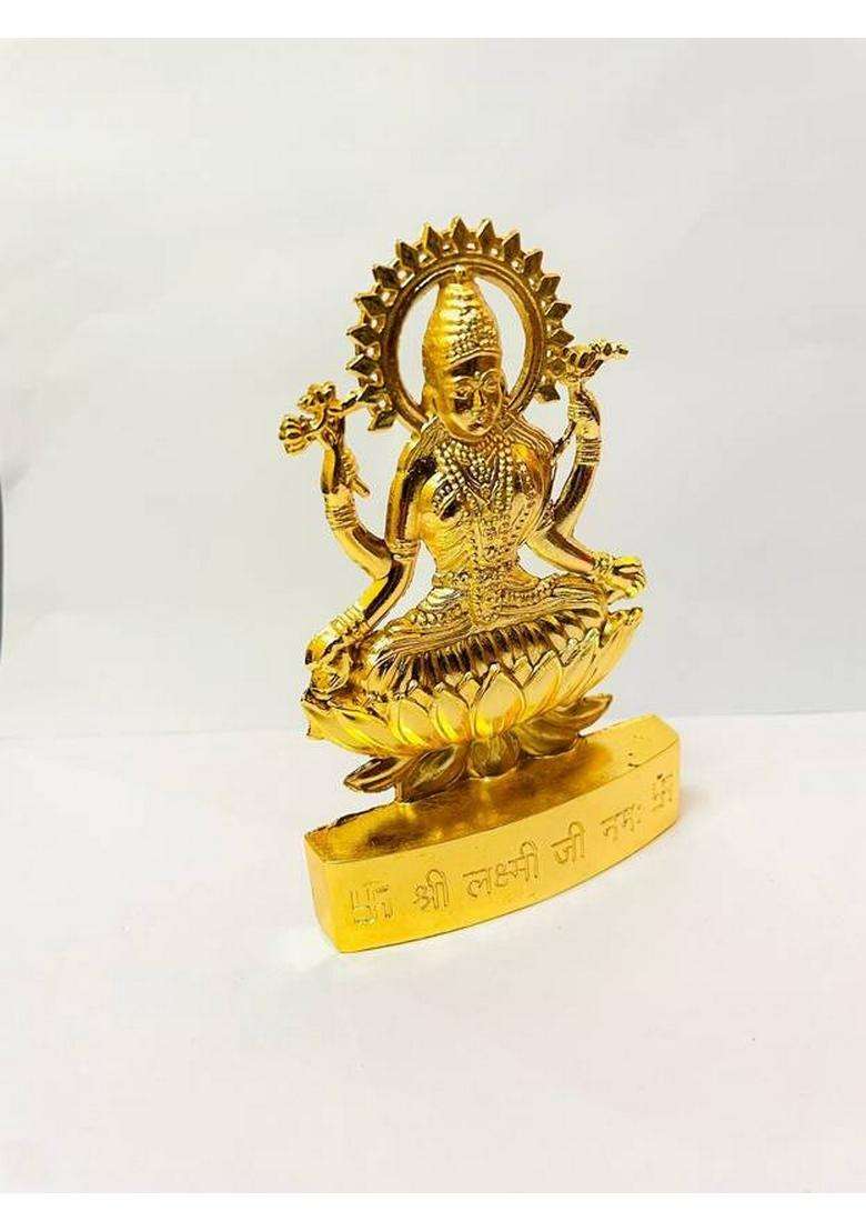 Sbbco Laxmi Devi Idol Statue Figurine Sculpture Maa Lakshmi Sitting On Lotus Flower Decorative Showpiece - 12 Cm(Metal Yellow) - Indya