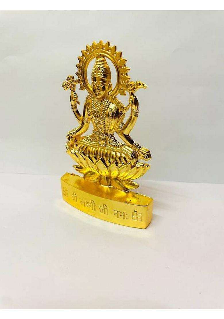 Sbbco Laxmi Devi Idol Statue Figurine Sculpture Maa Lakshmi Sitting On Lotus Flower Decorative Showpiece - 12 Cm(Metal Yellow) - Indya