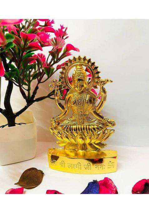 Sbbco Laxmi Devi Idol Statue Figurine Sculpture Maa Lakshmi Sitting On Lotus Flower Decorative Showpiece - 12 Cm(Metal Yellow)