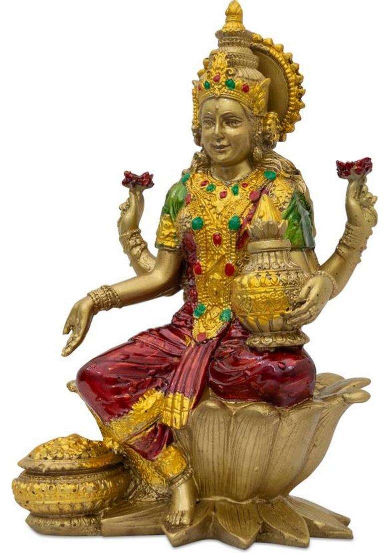 Shri Ji Art Gold-Plated Lakshmi Idol For Pooja Home Temple Gifting & Spiritual Decor Decorative Showpiece - 18 Cm(Resin Multicolor) - Indya