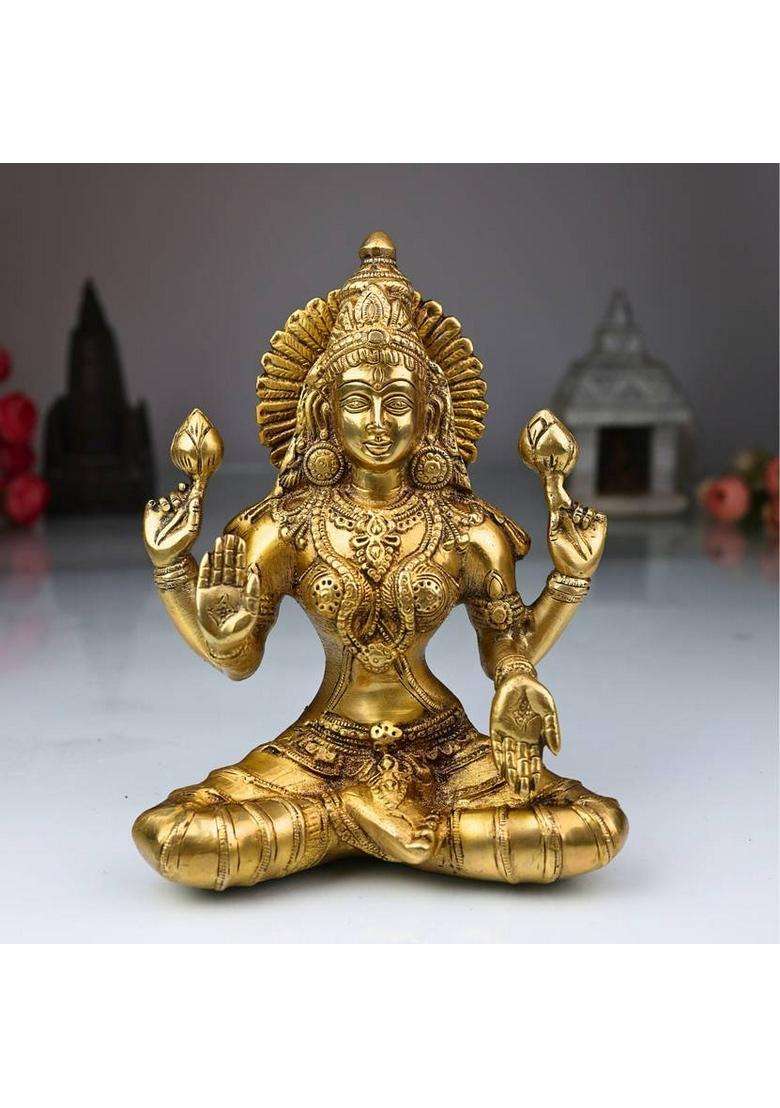 Bhunes Brass Maha Laxmi Laxmi Idol Lakshmi Idol Brass Lakshmi Brass Statue Lakshmi Goddess Statues Goddess Lakshmi Statue Brass Laxmi Sculpture Decorative Showpiece - 19 Cm(Brass Gold) - Indya
