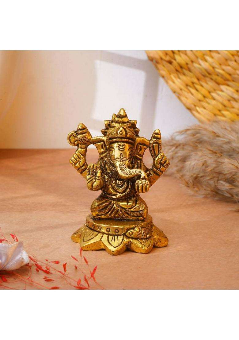 Shreeyaash Brass Kamal Ganesh Figurine Elegant Spiritual Decor By Shreeyaash Decorative Showpiece - 6 Cm(Brass Gold) - Indya