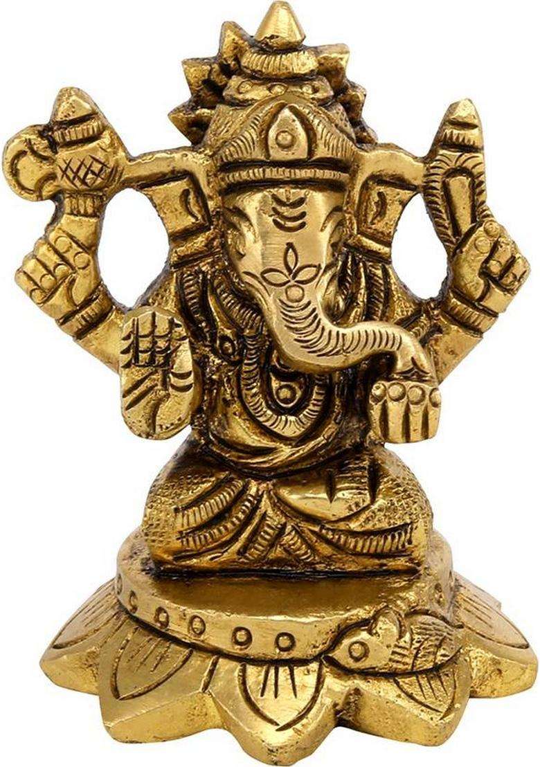 Shreeyaash Brass Kamal Ganesh Figurine Elegant Spiritual Decor By Shreeyaash Decorative Showpiece - 6 Cm(Brass Gold) - Indya