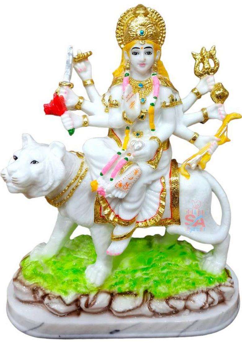 S A Gifts Marble Dust Ambe Maa Idol StatueSherawali Mata Idol White & Green-8.5Inch Decorative Showpiece - 22 Cm(Marble White Green) - Indya