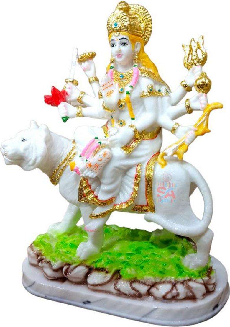 S A Gifts Marble Dust Ambe Maa Idol StatueSherawali Mata Idol White & Green-8.5Inch Decorative Showpiece - 22 Cm(Marble White Green) - Indya