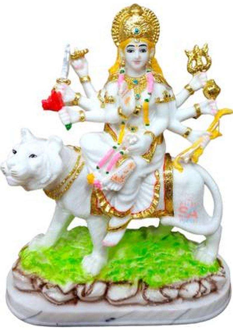 S A Gifts Marble Dust Ambe Maa Idol StatueSherawali Mata Idol White & Green-8.5Inch Decorative Showpiece - 22 Cm(Marble White Green) - Indya