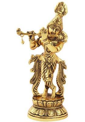 Handicrafts Paradise Krishan Playing Flute In Metal By Handicrafts Paradise Decorative Showpiece - 23 Cm(Aluminium Gold)