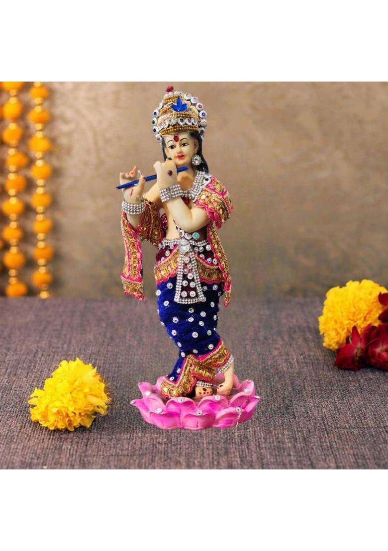 MarinerS Creation Krishna With Flute Standing On Lotus Showpiece Home DcorGifts Decorative Showpiece - 26 Cm(Resin Multicolor) - Indya