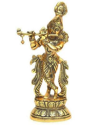 Handikraft Creations Metal Standing Krishna Ji With Playing Flute Decorative Showpiece - 22 Cm(Aluminium Gold)