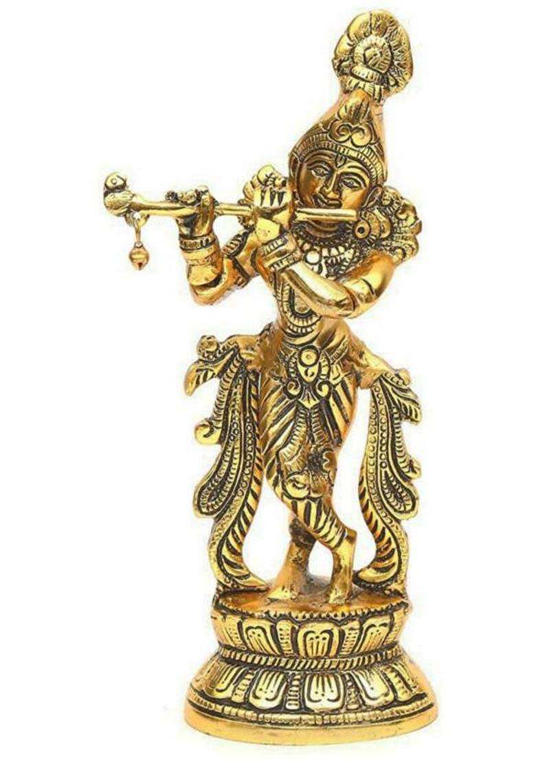 Handikraft Creations Metal Standing Krishna Ji With Playing Flute Decorative Showpiece - 22 Cm(Aluminium Gold) - Indya