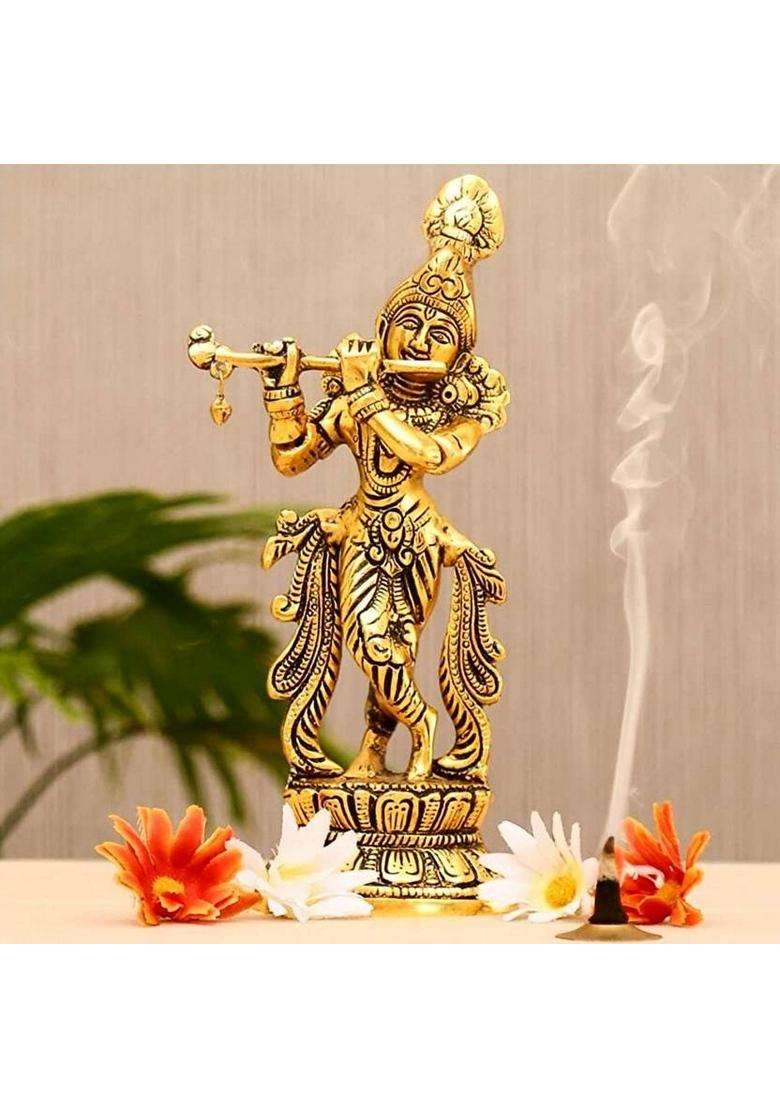 Handikraft Creations Metal Standing Krishna Ji With Playing Flute Decorative Showpiece - 22 Cm(Aluminium Gold) - Indya