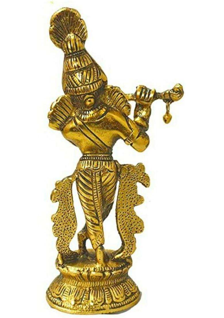 Handikraft Creations Metal Standing Krishna Ji With Playing Flute Decorative Showpiece - 22 Cm(Aluminium Gold) - Indya