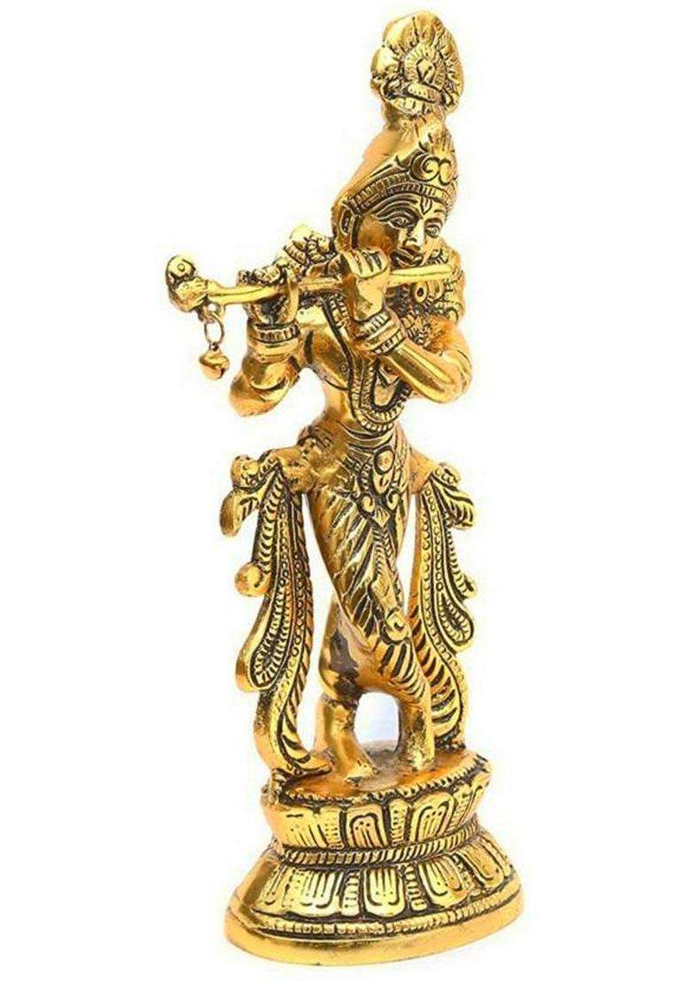 Handikraft Creations Metal Standing Krishna Ji With Playing Flute Decorative Showpiece - 22 Cm(Aluminium Gold) - Indya