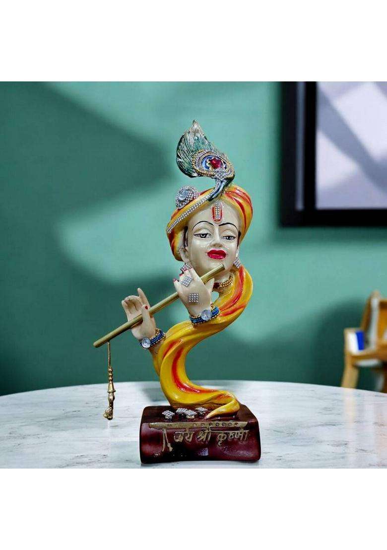 MarinerS Creation Krishna Statue With Metal Flute For Home Decor And Gift Showpiece Living Room Decorative Showpiece - 34.5 Cm(Resin Marble Multicolor) - Indya