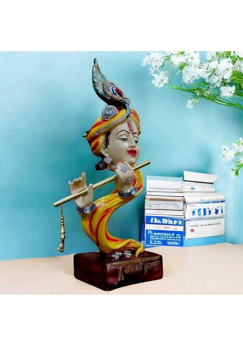 MarinerS Creation Krishna Statue With Metal Flute For Home Decor And Gift Showpiece Living Room Decorative Showpiece - 34.5 Cm(Resin Marble Multicolor) - Indya