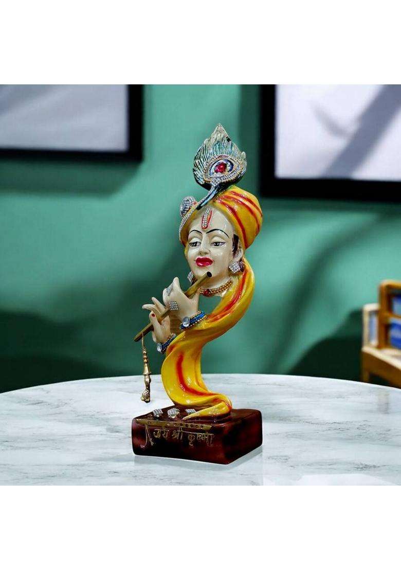 MarinerS Creation Krishna Statue With Metal Flute For Home Decor And Gift Showpiece Living Room Decorative Showpiece - 34.5 Cm(Resin Marble Multicolor) - Indya