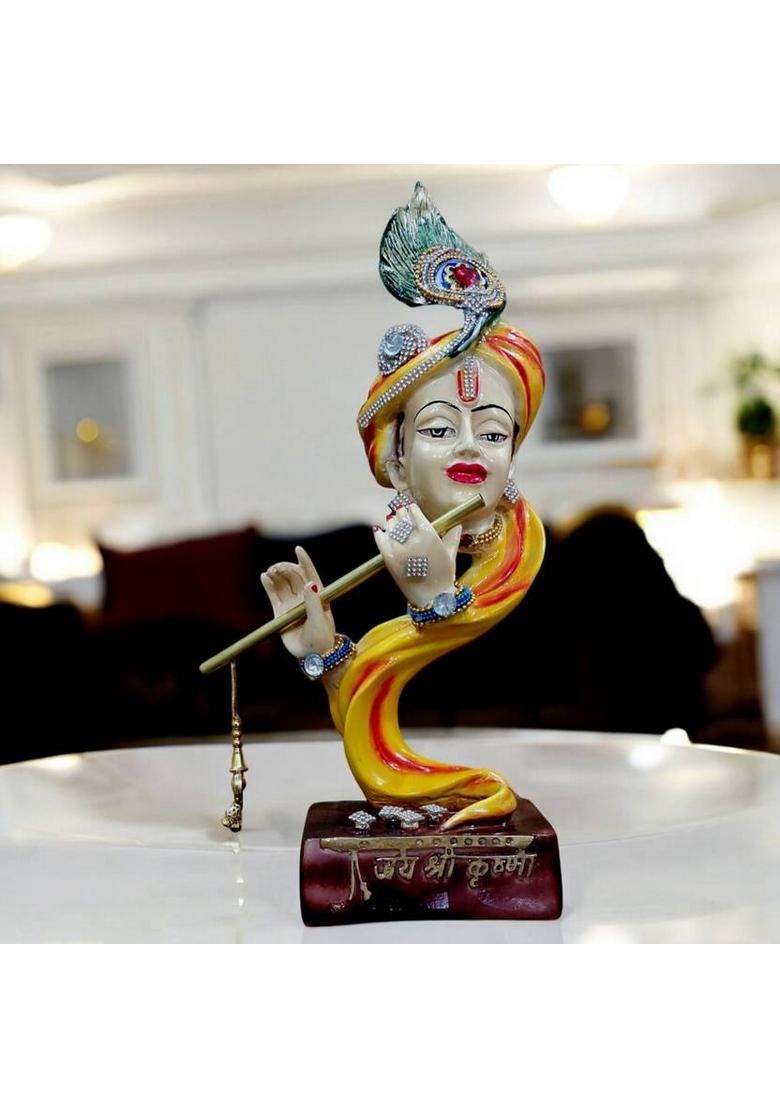 MarinerS Creation Krishna Statue With Metal Flute For Home Decor And Gift Showpiece Living Room Decorative Showpiece - 34.5 Cm(Resin Marble Multicolor) - Indya