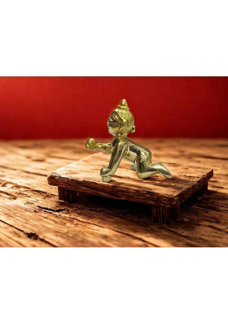 Craftcart Laddoo Gopal (Krishna) Brass Idol Pure Brass Small Size Decorative Showpiece - 6.5 Cm(Brass Gold) - Indya