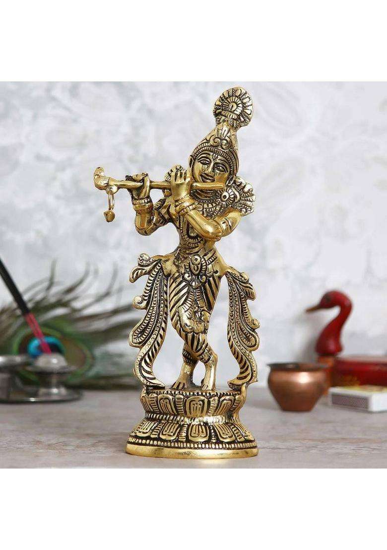 Sbbco Metal Krishna Playing Flute Decorative Showpiece - 23 Cm(Metal Gold) - Indya