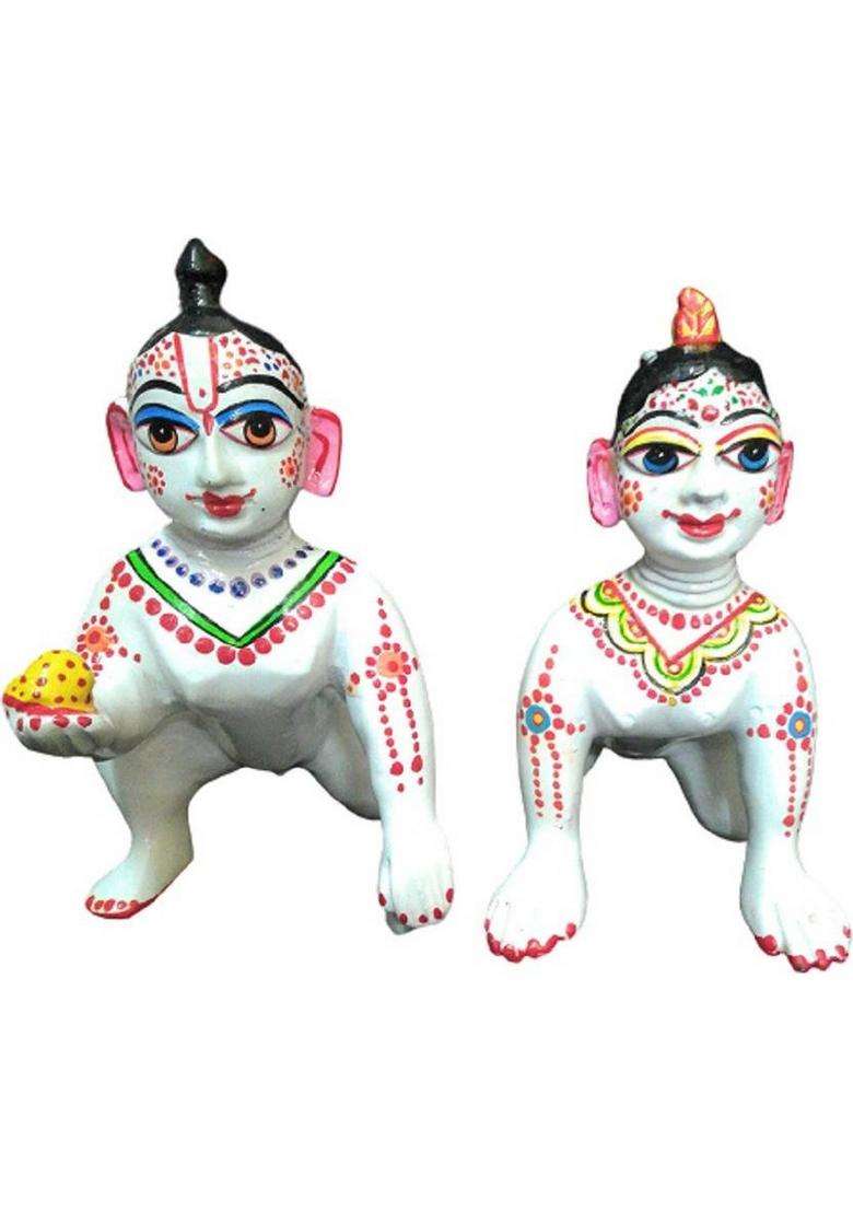 Vrindavan Shopi Hand Painted Pure White Brass Laddu Gopal Ji With Radha Idol Statue/Baby Krishna Baby Radha Statue Pair For Home Temple Pooja Decorative Showpiece - 7 Cm(Brass Multicolor) - Indya