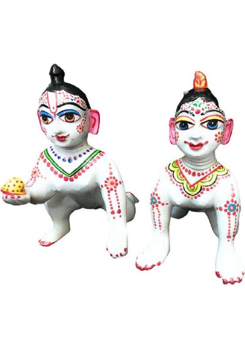 Vrindavan Shopi Hand Painted Pure White Brass Laddu Gopal Ji With Radha Idol Statue/Baby Krishna Baby Radha Statue Pair For Home Temple Pooja Decorative Showpiece - 7 Cm(Brass Multicolor) - Indya