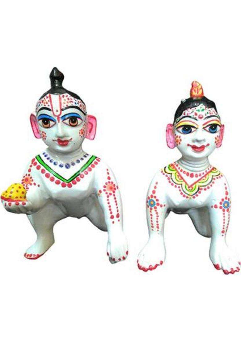 Vrindavan Shopi Hand Painted Pure White Brass Laddu Gopal Ji With Radha Idol Statue/Baby Krishna Baby Radha Statue Pair For Home Temple Pooja Decorative Showpiece - 7 Cm(Brass Multicolor) - Indya