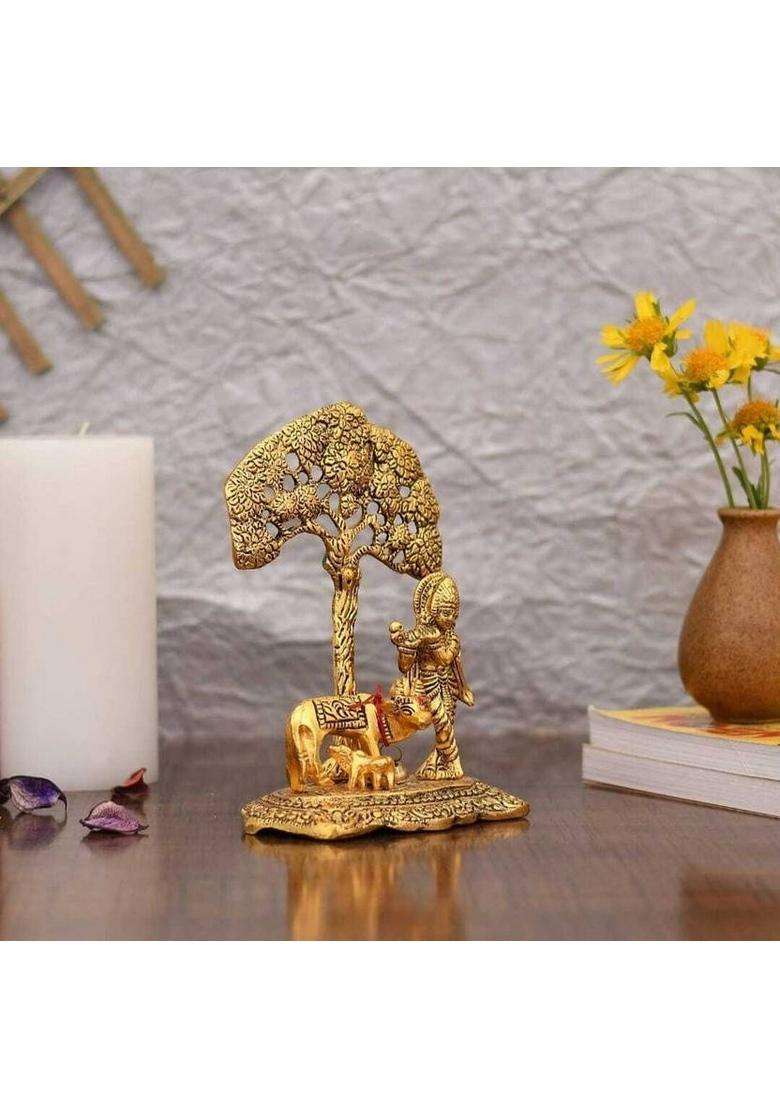 Nikki Store Lord Krishna With A Cow And Calf Under A Tree Brass Decorative Showpiece Statue. Decorative Showpiece - 16 Cm(Brass Gold) - Indya